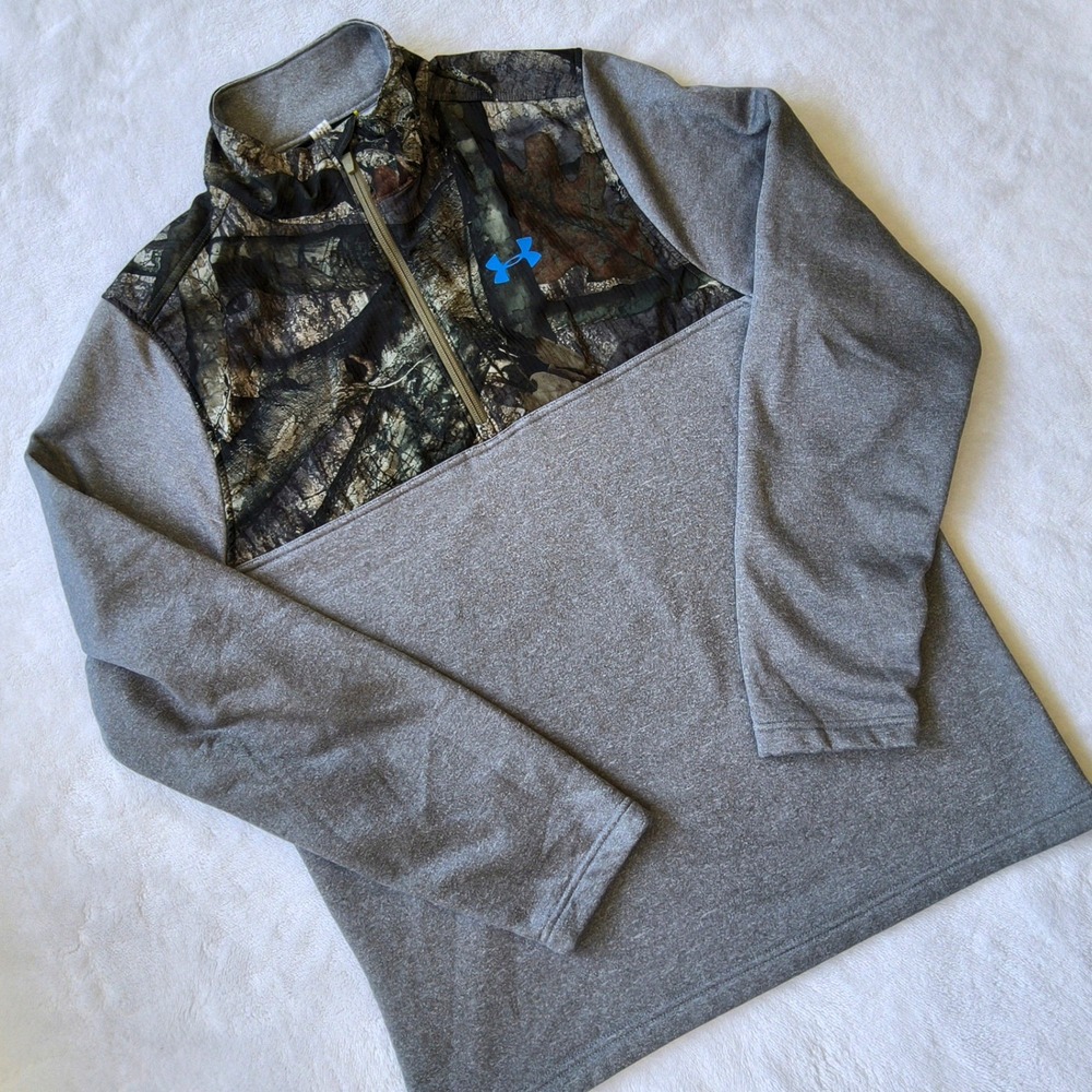 Under Armour UA Camo Sweater Mens Medium Grey 1/4 Zip Fleece 1259217 Hunting